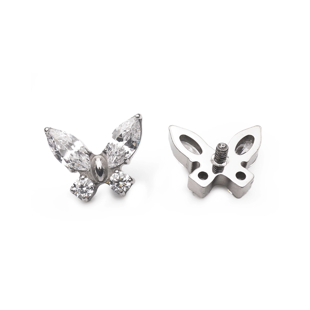 Piercing Embout - Titane F136 Gamme Hand Ink - Embout 110 avec pas de vis interne 0,9 mm pour piercing 1,2 mm papillon avec strass 6 mm*