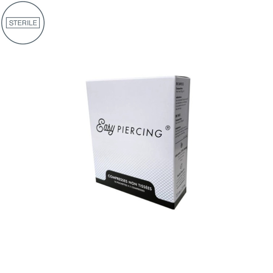 Compresses Steriles Easy Piercing - Boîte de 10 sachets de 2 compresses non tisse stérile 7.5 x 7.5 cm