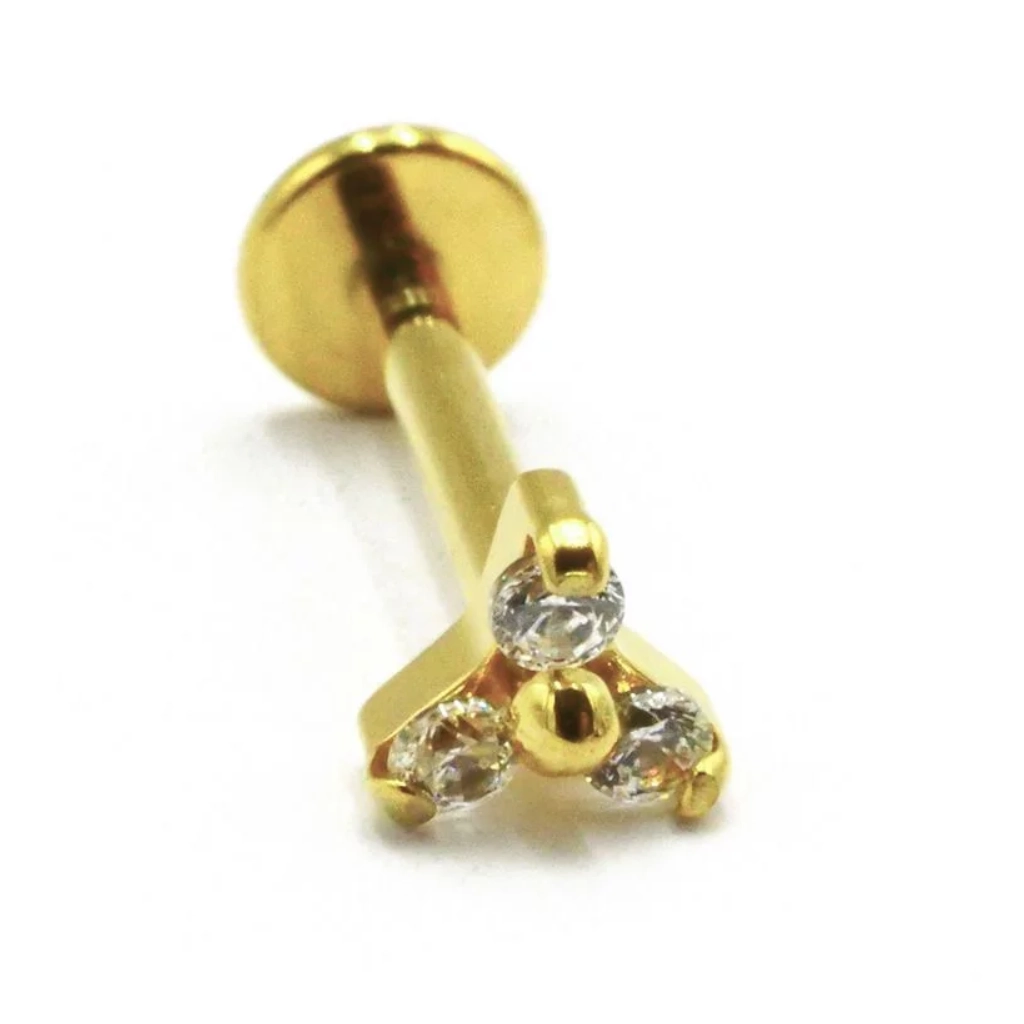 Labret Piercing - Titane F136 Interne Stérile Gold - Labret 23 avec pas de vis interne trinité strass 1,2 x 8 mm*