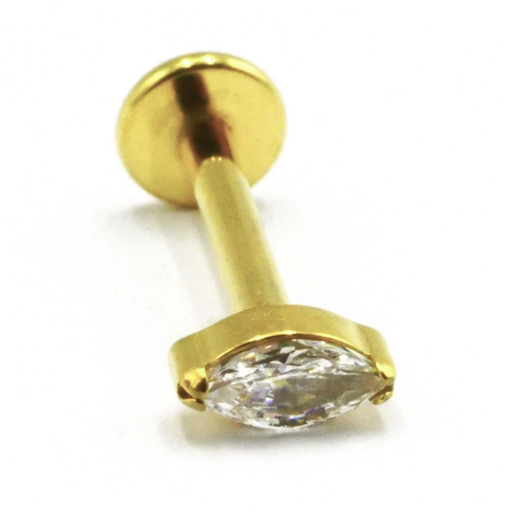 Labret Piercing - Titane F136 Interne Stérile Gold - Labret 41 avec pas de vis interne ovale strass blanc 1,2 x 8 mm*