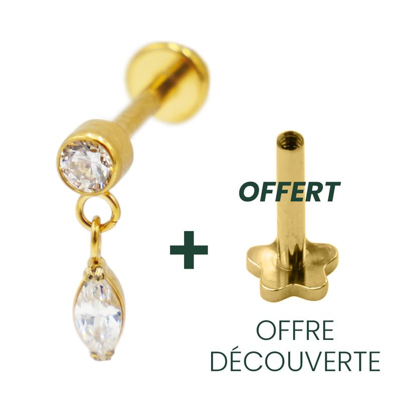 Labret Piercing - Titane F136 Gold Interne Stérile - Labret 56 avec pas de vis interne 1,2 x 8 mm motif pendentif ovale avec strass*