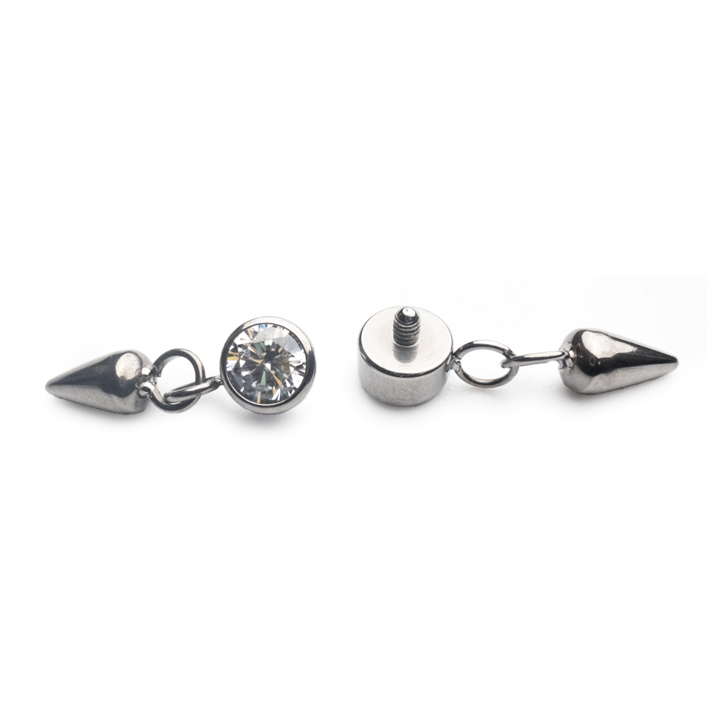 Piercing Embout - Titane F136 Gamme Hand Ink - Embout 319 avec pas de vis interne strass rond et pendentif pointe 10mm*