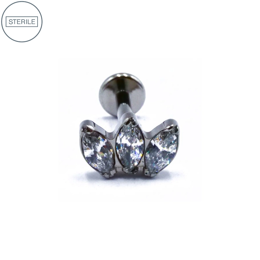 Labret Stérile Titane Interne 41 - Piercing avec pas de vis interne marquise 3 strass