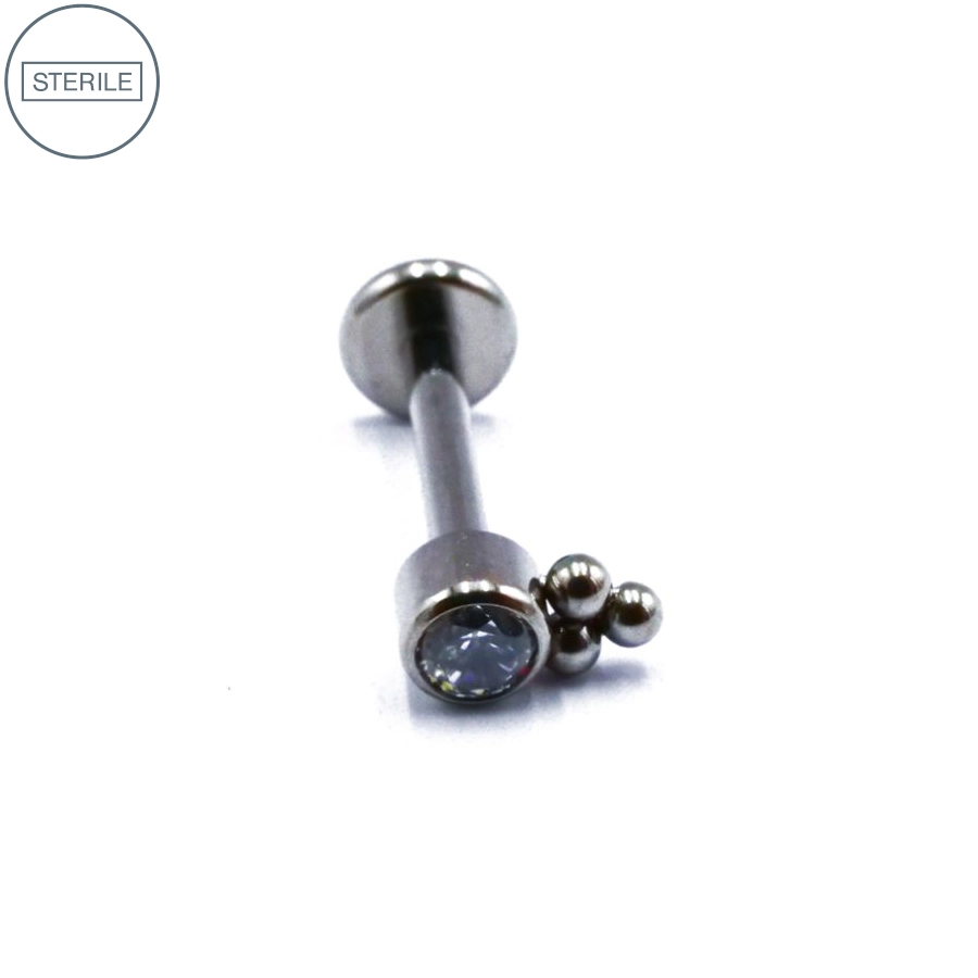 Labret Stérile Titane Interne 44 - Piercing avec pas de vis interne 3 micro billes strass blanc
