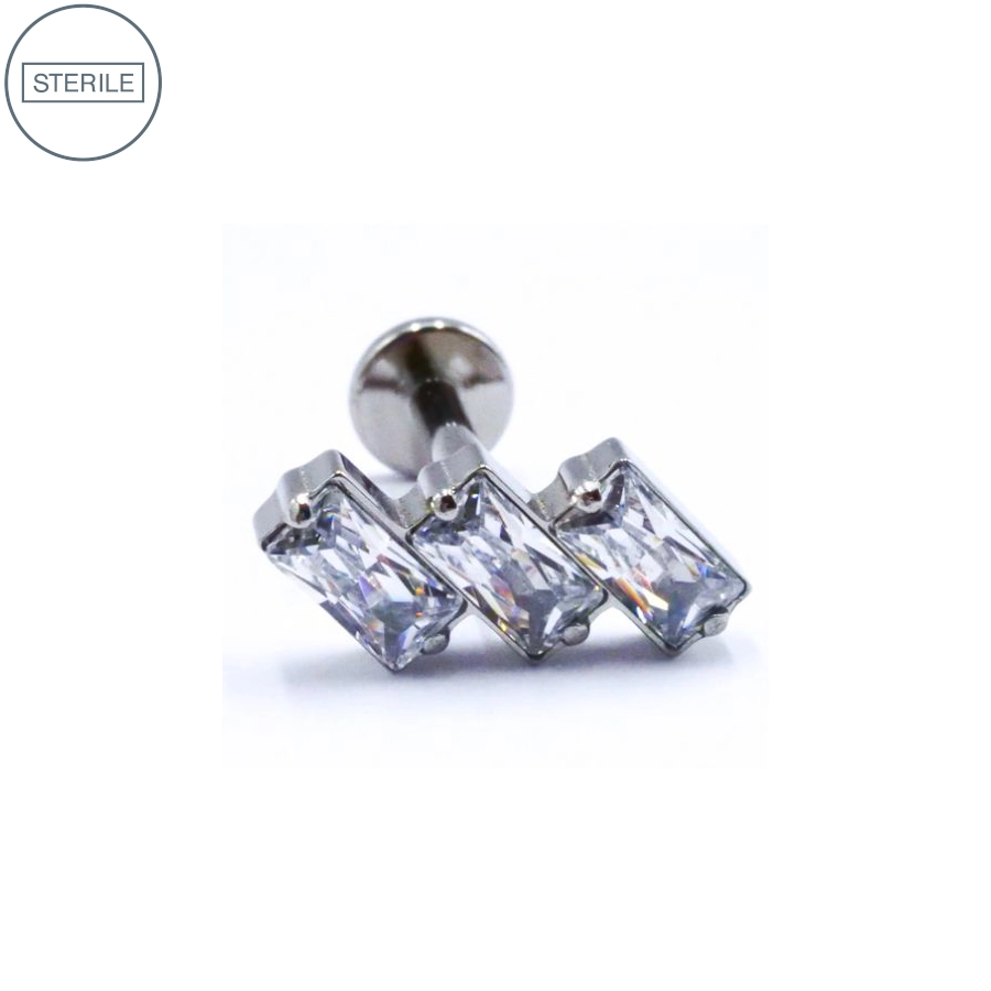 Labret Stérile Titane Interne 32 - Piercing avec pas de vis interne 3 rectangles strass blanc