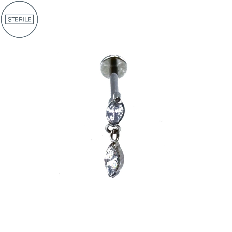 Labret Stérile Titane Interne 30 - Piercing avec pas de vis interne pendentif 2 strass ovale blanc