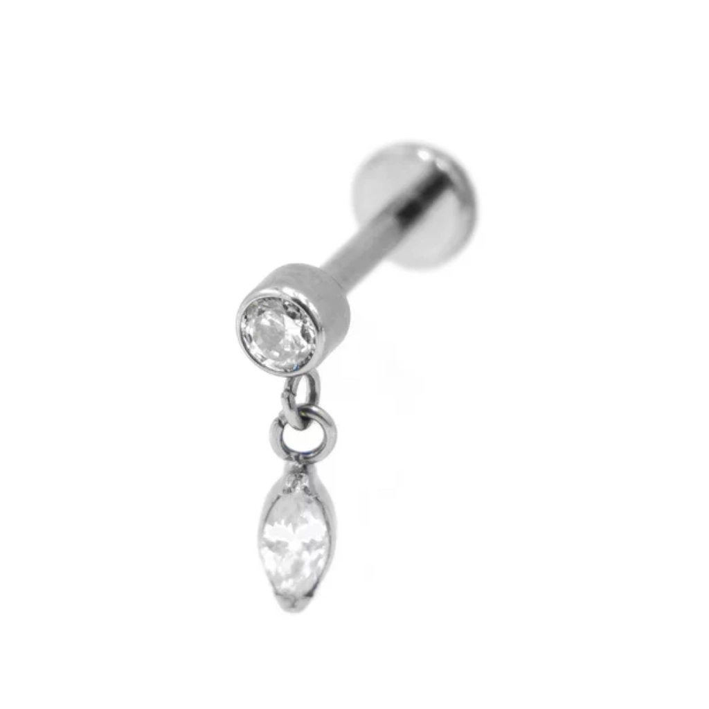 Piercing Labret - Titane F136 Interne Stérile - Labret 56 avec pas de vis interne pendentif et 2 strass 1,2 x 8 mm*