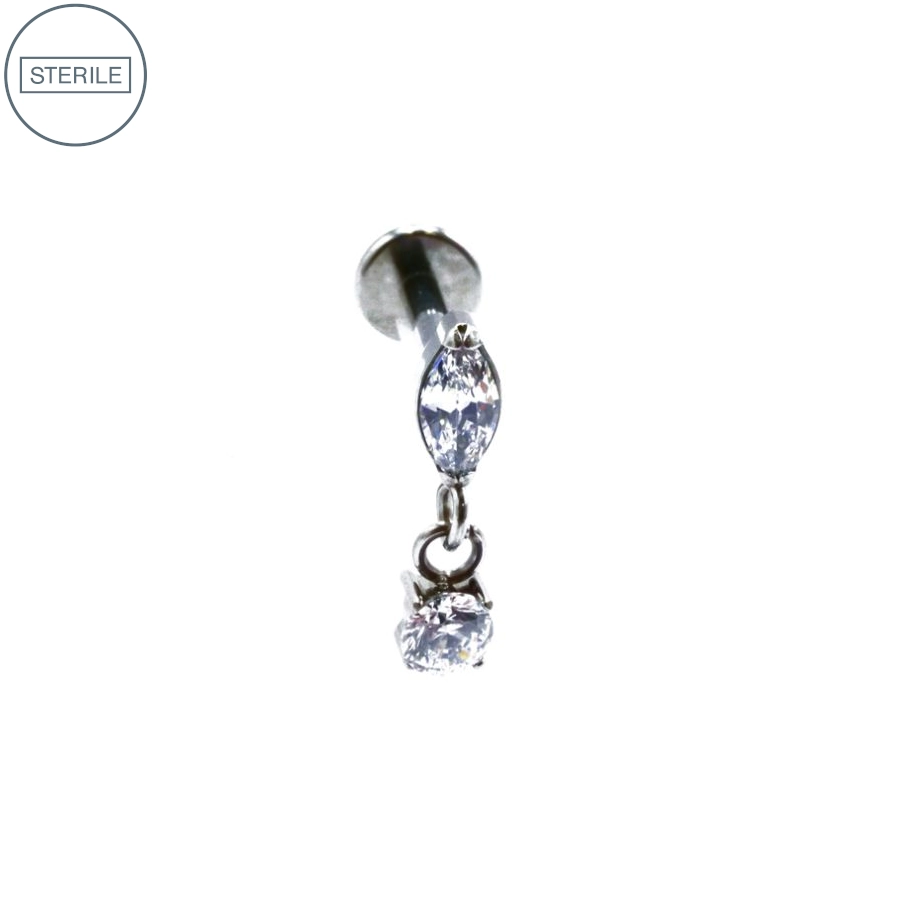 Labret Stérile Titane Interne 29 - Piercing avec pas de vis interne strass ovale avec pendentif rond strass blanc