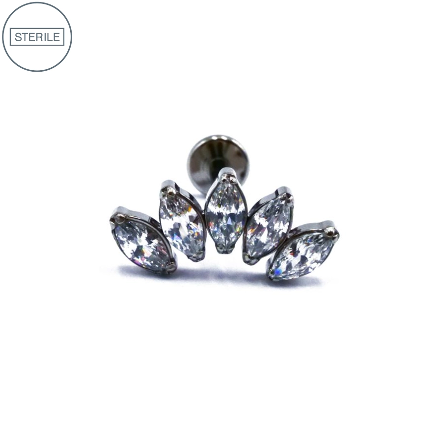 Labret Stérile Titane Interne 28 - Piercing avec pas de vis interne marquise 5 strass blanc