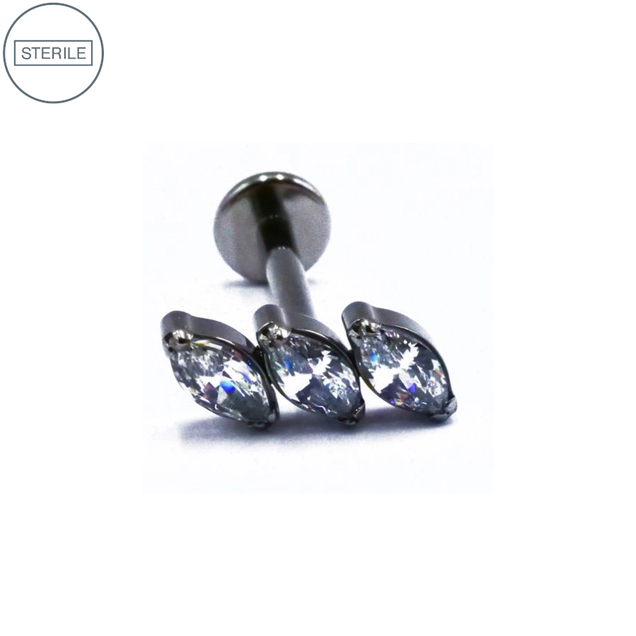 Labret Stérile Titane Interne 26 - Piercing avec pas de vis interne marquise 3 strass ovale