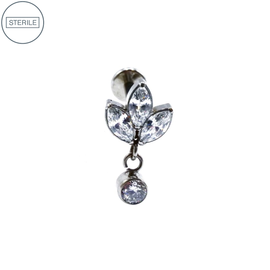 Labret Stérile Titane Interne 23 - Piercing avec pas de vis interne 3 strass ovale avec pendentif strass rond