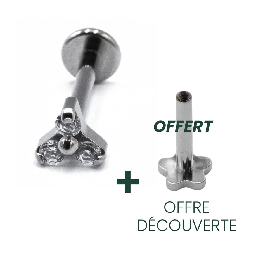 Labret Piercing - Titane F136 Interne Stérile - Labret 23 avec pas de vis interne 1,2 x 8 mm motif strass trinité*