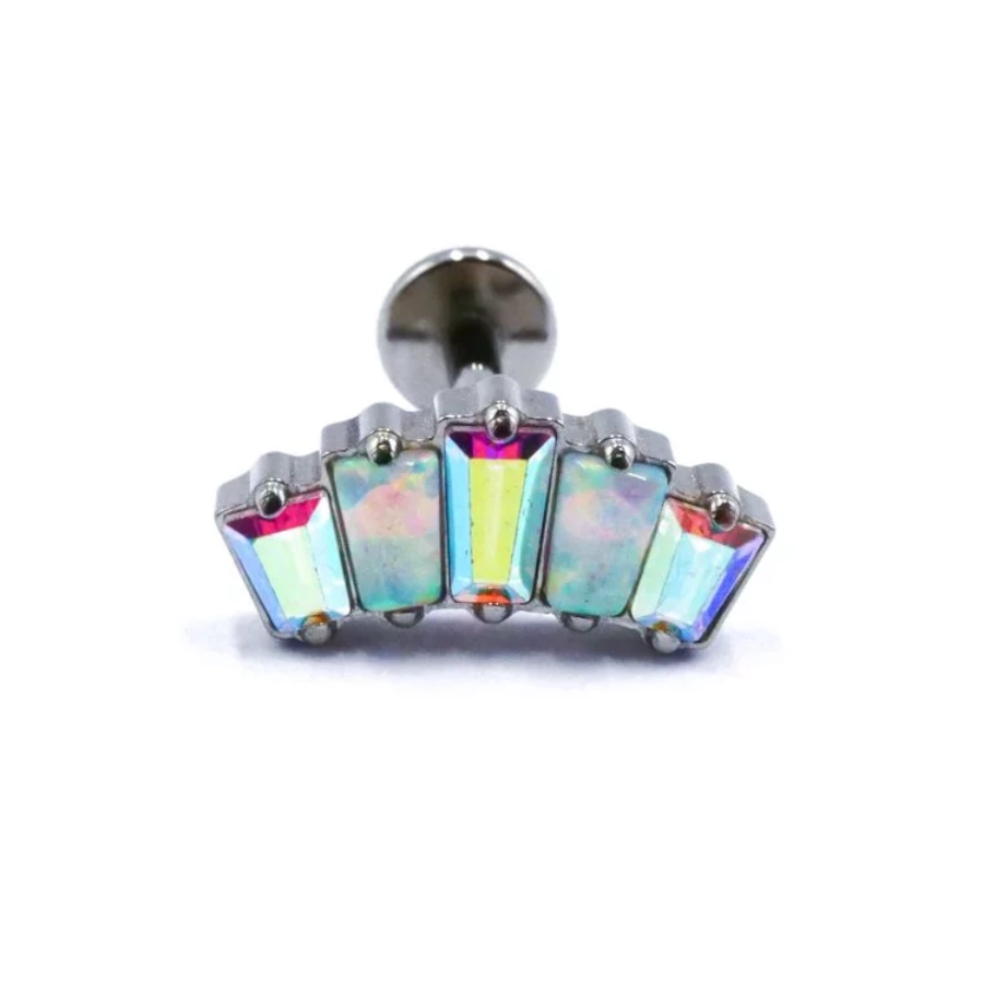 Labret Stérile Titane Interne 02 - Piercing avec pas de vis interne couronne strass rectangle bleu iris