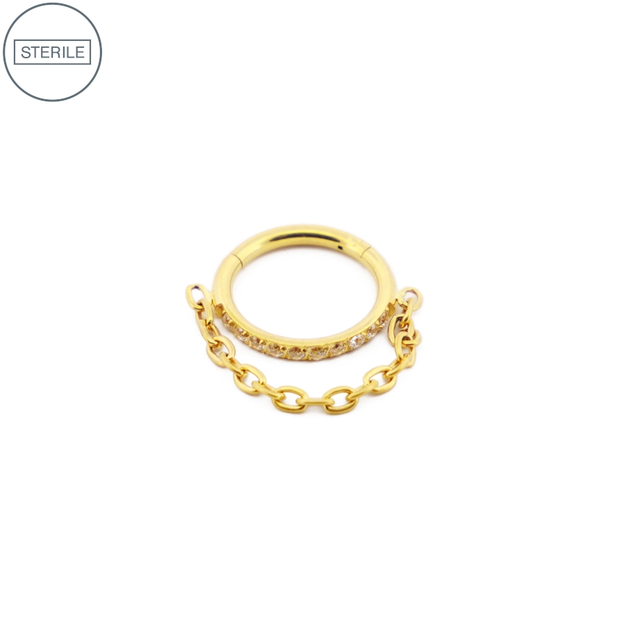 Anneau Piercing - Anneau Titane Stérile 01 - Anneau en titane pvd gold strass et pendentif chaine