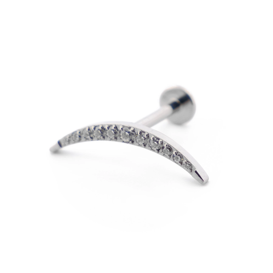 Labret Stérile Titane Interne 27 - Piercing avec pas de vis interne motif croissant de lune 11 strass