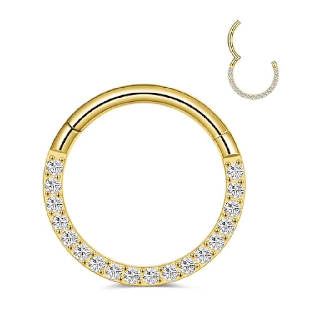 Piercing Anneau - Titane F136 Gold Stérile - Clicker 356 avec fermeture à charnière strass latéral*