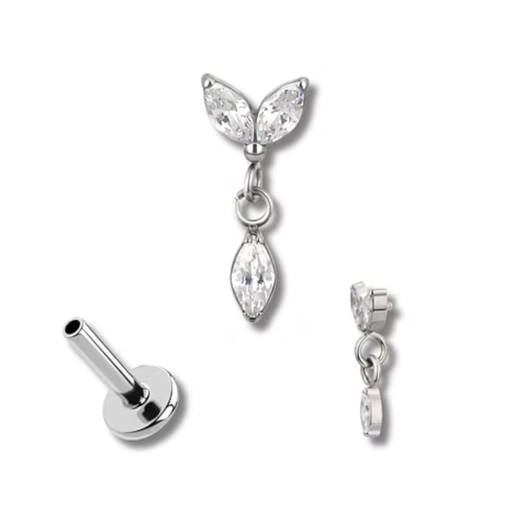 Piercing Labret - Titane F136 Stérile - Labret n°1377 avec pas de vis interne marquise 2 strass et pendentif 1,2 x 8 mm*