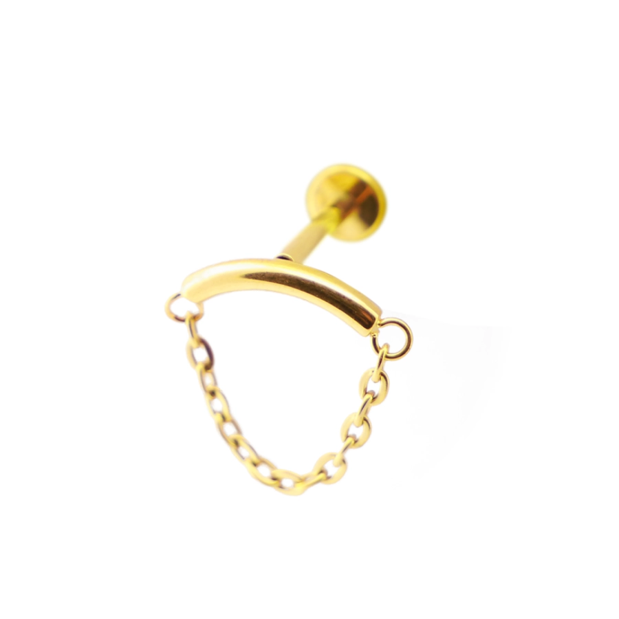  Piercing Labret - Titane F136 Gold Stérile - Labret 11 interne en titane pvd gold barre courbée avec chaîne