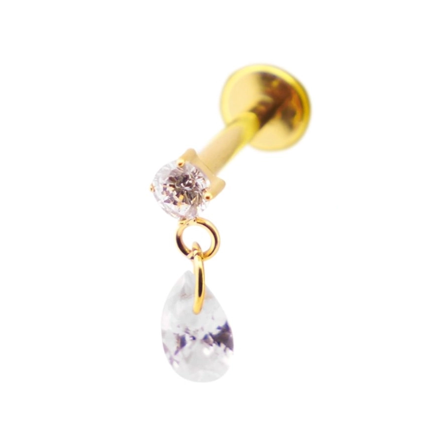 Piercing Labret - Titane F136 Gold Stérile - Labret 09 interne en titane pvd gold motif strass et pendentif ovale