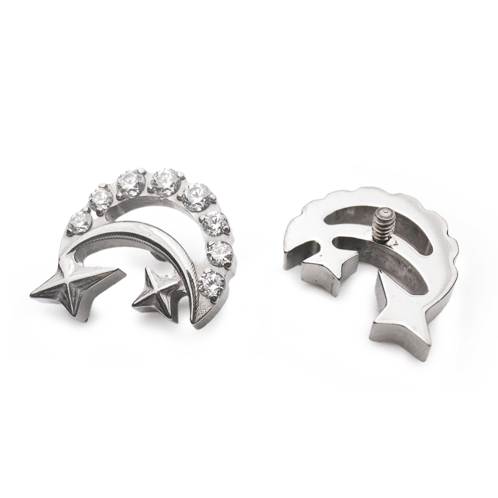 Piercing Embout - Titane F136 Gamme Hand Ink - Embout 185 avec pas de vis interne 0,9 mm pour piercing 1,2 mm line avec 2 étoiles et strass 7 mm*