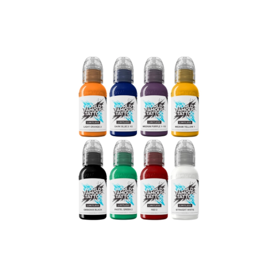 Set Encre Tattoo - World Famous Ink Limitless Set Primary Colours - Melange pour le tatouage REACH 8 x 30 ml 