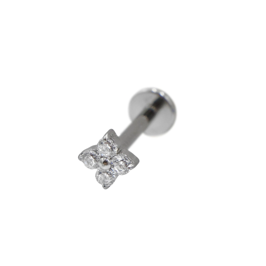 Piercing Labret - Titane F136 Stérile - Labret 38 avec pas de vis interne 1,2 x 8 mm fleur 4 strass*
