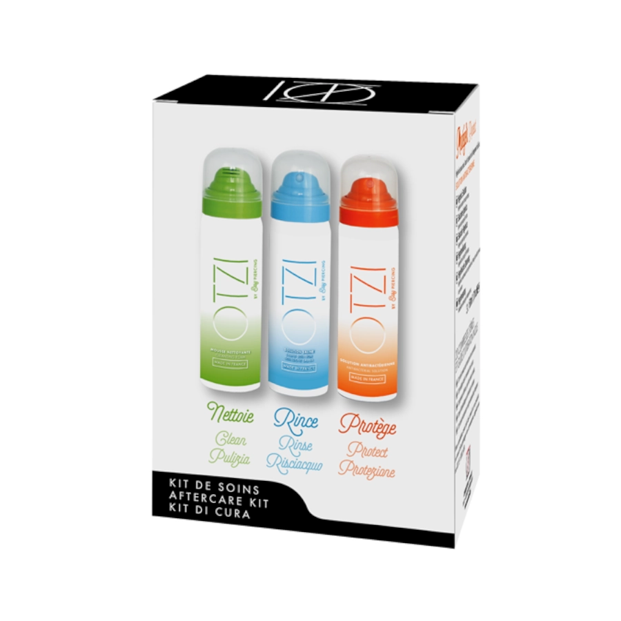 Soin Piercing - Easy Piercing By Otzi Kit Complet - Le kit comprend gel nettoyant sérum phy solution antibactérienne et 20 compresses stériles