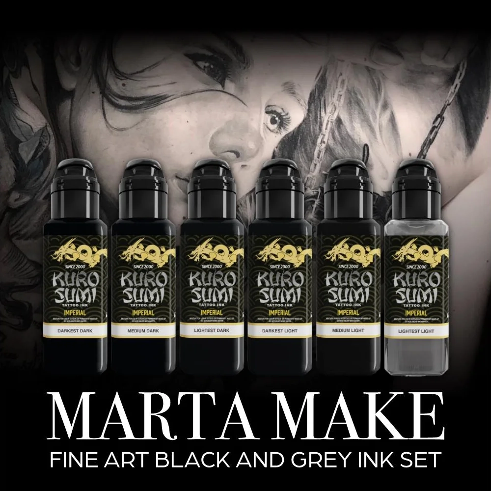 Set Encre Tattoo Noire et Grise - Kuro Sumi Set Marta Make Fine Art Black and Grey - Mélange pour le tatouage encre reach 6 x 44 ml*