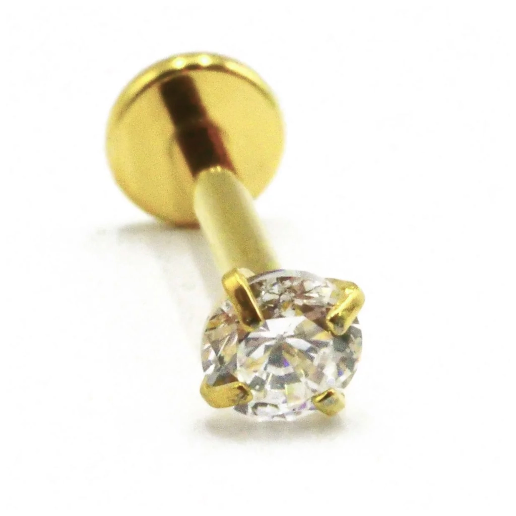 Piercing Labret - Titane F136 Interne Stérile Gold - Labret 19 avec pas de vis interne et strass griffé 1,2 x 8 mm*
