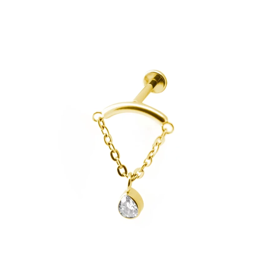 Piercing Labret - Titane F136 Interne Stérile Gold Gamme Itc - Labret avec pas de vis interne chaîne et strass*