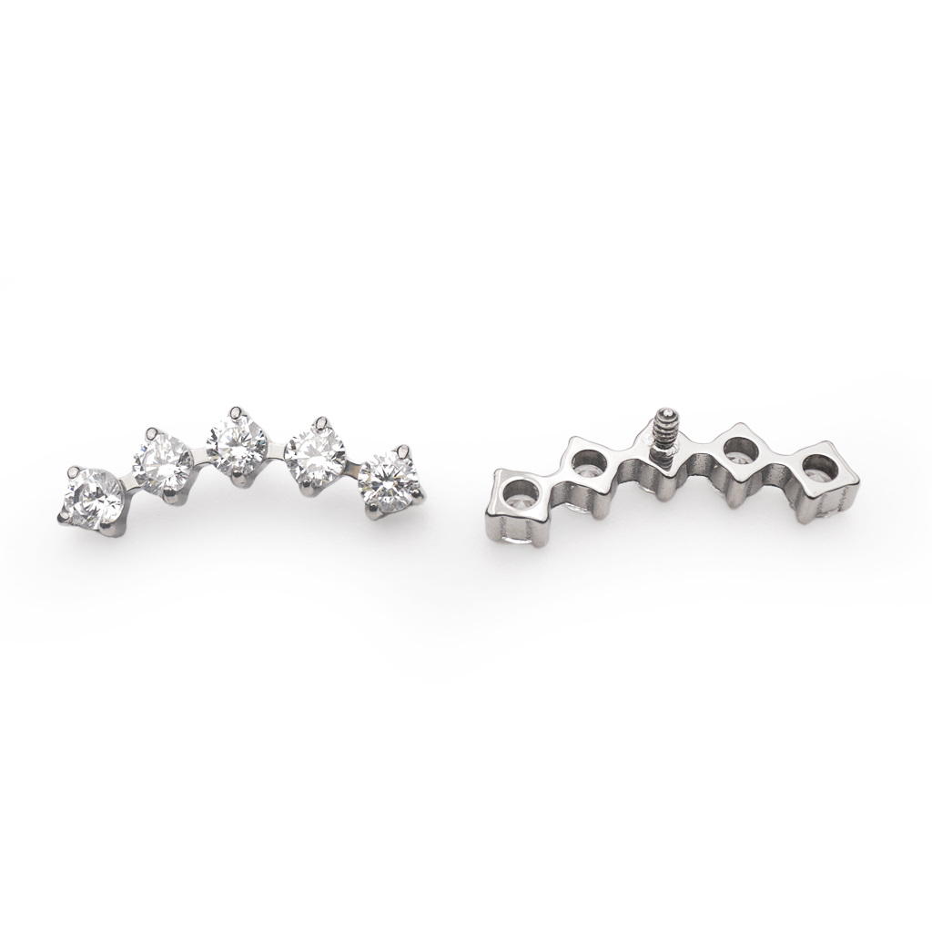 Piercing Embout - Titane Astm F136 - Embout n°145 avec pas de vis interne 0,9 mm pour piercing 1,2 mm 5 strass incurvés largeur 12 mm*
