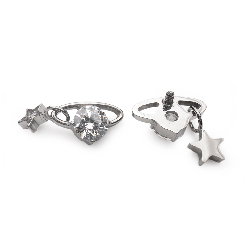 Piercing Embout - Titane F136 Gamme Hand Ink - Embout 243 avec pas de vis interne 0,9 mm pour piercing 1,2 mm strass avec étoile 8 mm*