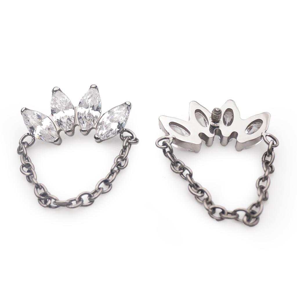 Embout Piercing - Titane F136 Gamme Hand Ink - Embout 283 en titane f136 avec pas de vis interne 0,9 mm pour piercing 1,2 mm marquise 4 strass et chaîne 11 mm*