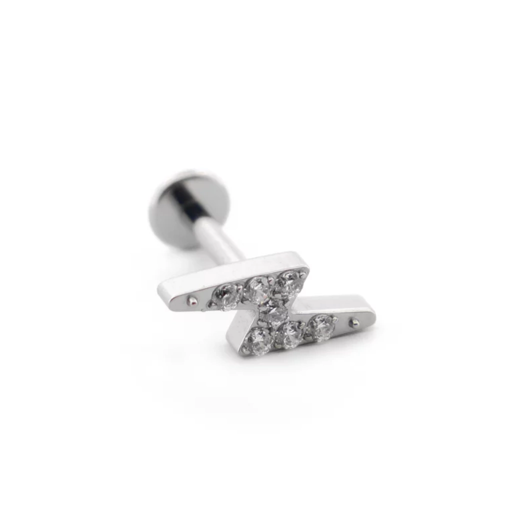 Piercing Labret - Titane F136 Stérile Gamme Itc - Labret 29 avec pas de vis interne motif éclair à strass 1,2 x 8 mm*