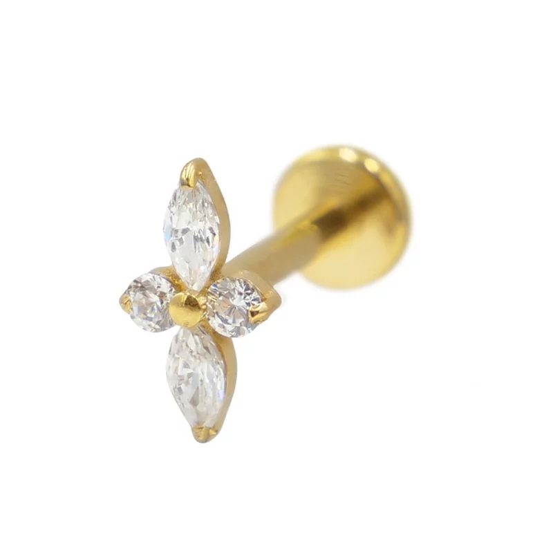 Piercing Labret - Titane F136 Gold Stérile Gamme Itc - Labret 32 avec pas de vis interne motif pétales avec strass 1,2 x 8 mm*