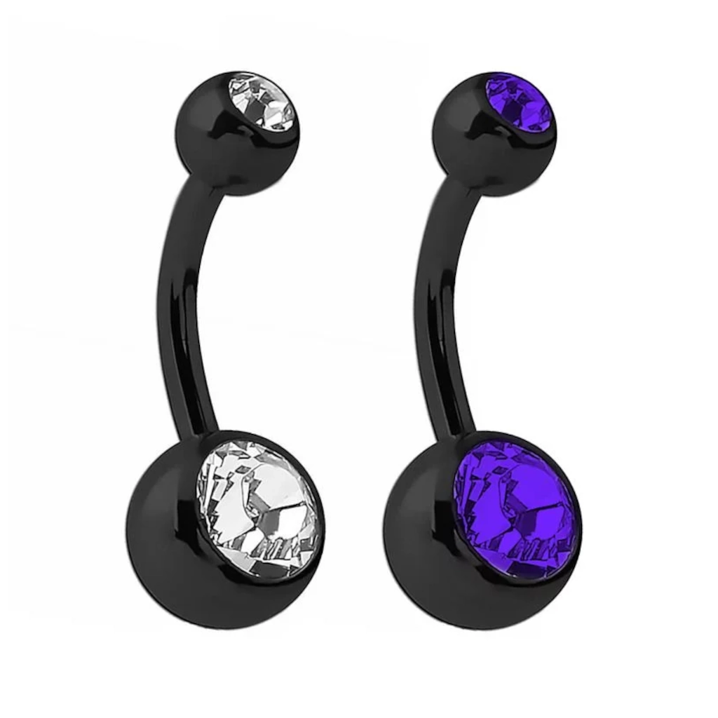 Piercing Banane - Acier Noir - Banane avec pas de vis externe double strass 1,6 x 10 mm*