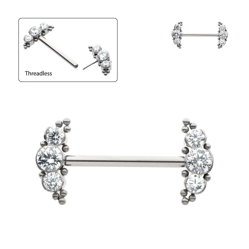 Piercing Barbell - Titane F136 Threadless Gamme Invictus - Barbell 04 sans filetage threadless 3 strass perlé 1,6 x 16 mm*