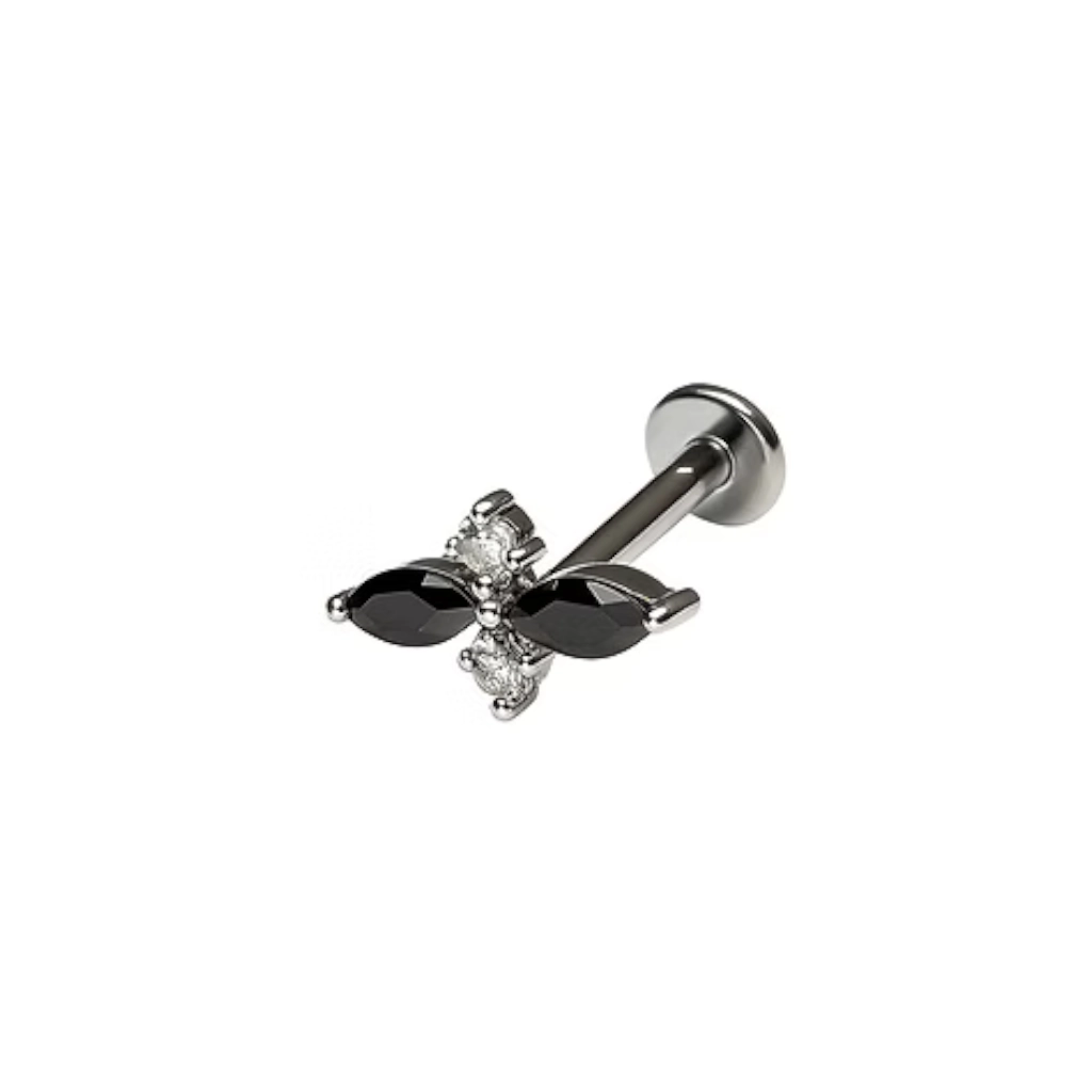 Labret Stérile Titane Interne 17 - Piercing avec pas de vis interne motif marquise couchée 3 pierres naturelles - 6 pierres différentes 