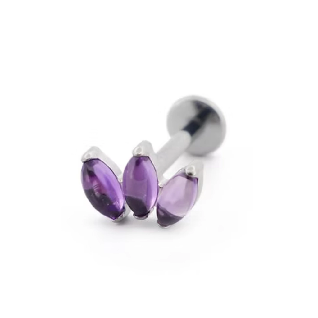 Labret Stérile Titane Interne 19 - Piercing avec pas de vis interne motif Marquise droite 3 pierres naturelles - 6 pierres différentes 