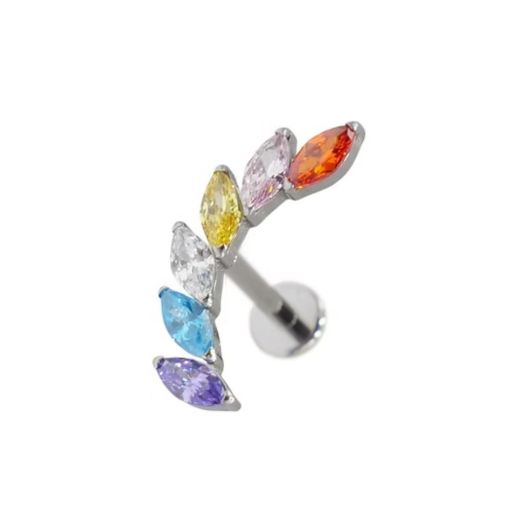 Piercing Labret - Titane F136 Stérile - Labret 3004 avec pas de vis interne marquise strass multicolore 1,2 x 8 mm*