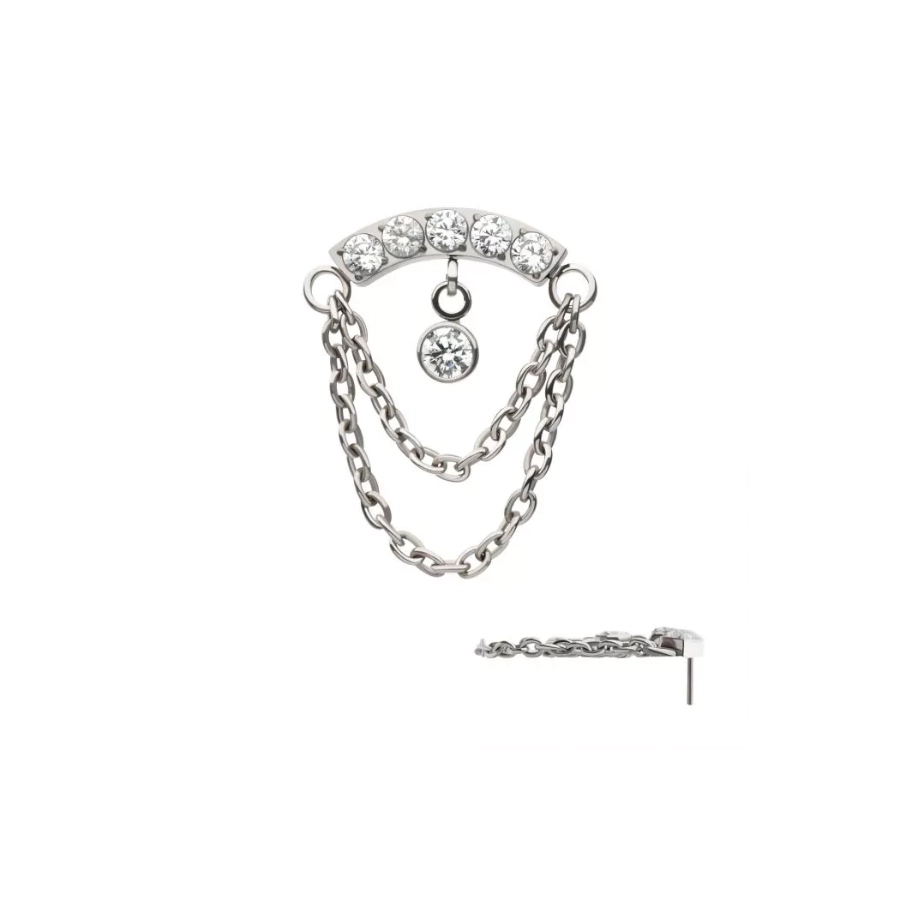 [ch1_threadless-TITLSCVCHN3C] Charms Chaîne Ch1 Threadless - Double chaînes en titane F136 à 2 niveaux avec barre incurvée strass et strass rond