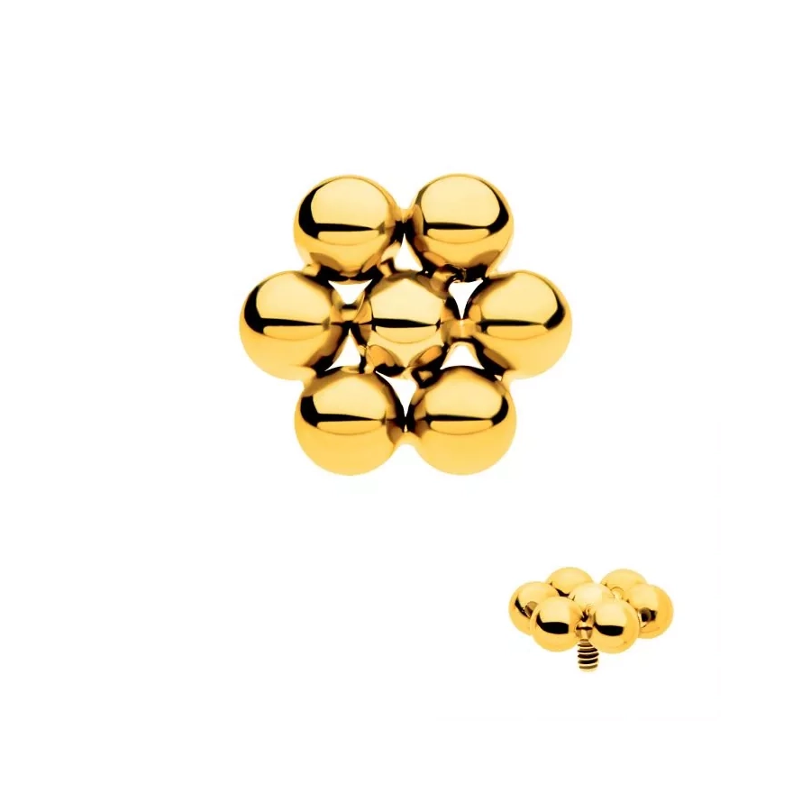 [iv_embout_gold_03-tip24ktd802] Piercing Embout - Titane F136 24KT Gamme Invictus - Embout 3 avec pas de vis interne 0,9 mm pour piercing 1,2 mm 7 perles hexagone*