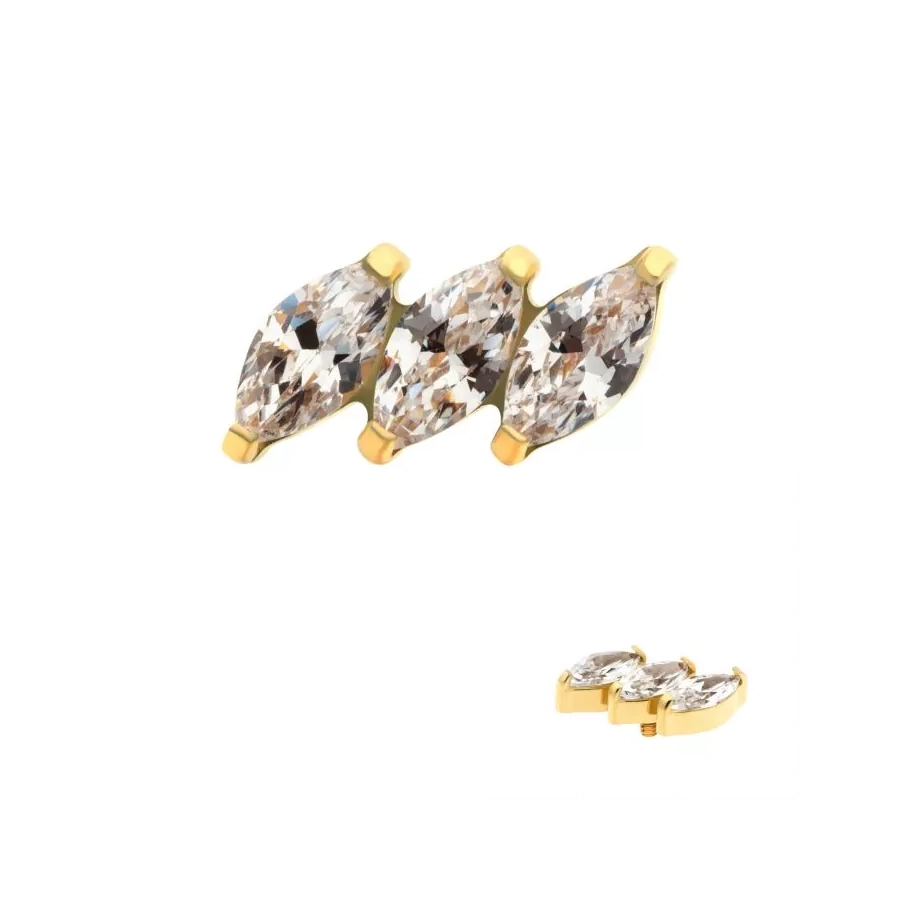 [iv_embout_gold_02-tigptd842] Piercing Embout - Titane F136 24KT Gamme Invictus - Embout 2 avec pas de vis interne 0,9 mm pour piercing 1,2 mm marquise 3 cluster