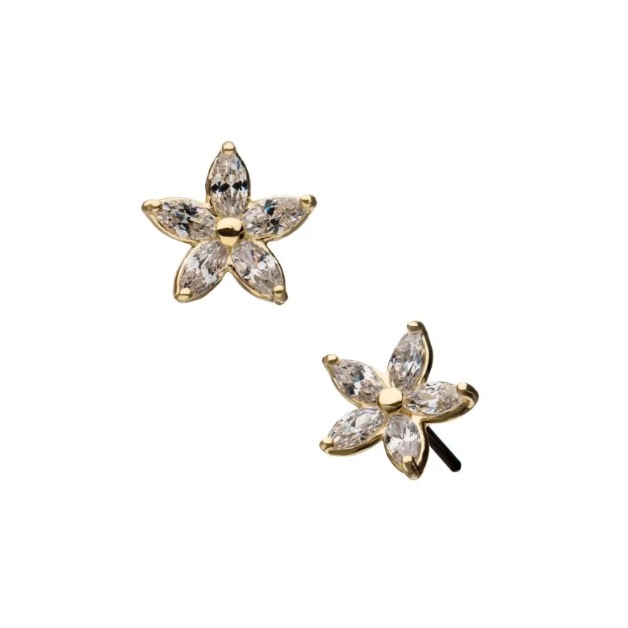 [iv_embout_threadless_gold_05-14KTLS227C] Embout Piercing - Titane F136 24K Gamme Invictus - Embout 05 sans filetage threadless fleur sertie 5 strass