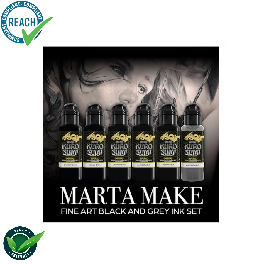 [ki_encre_kuro_set_marta_make] Encre Tatouage Noire et Grise - Kuro Sumi Imperial Marta Make Fine Art Black and Grey - Mélange pour le tatouage REACH 6x44ml