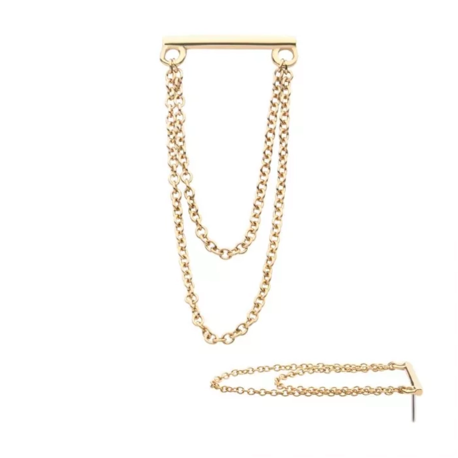 [iv_14ktlsc1169] EMBOUT TITANE F136 THREADLESS BARRE DEUX CHAINES PENDANTES OR 14K