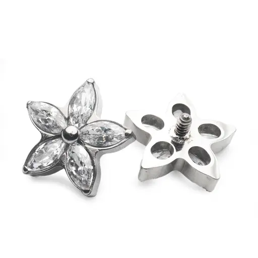 [ns_embout_142-p142_09] Piercing Embout - Titane Astm F136 - Embout 142 avec pas de vis interne 0,9 mm pour piercing 1,2 mm fleur edelweiss 5 strass embout 7 mm*