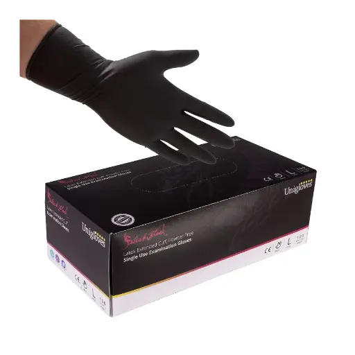 Unigloves Tattoo - Boîte de 100 gants latex non poudrés noirs avec manchette longue