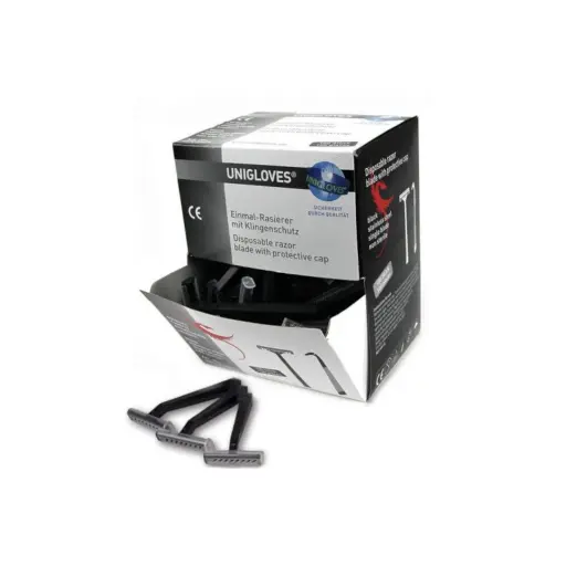 [tl_rasoir_noir_uniglove] Rasoir Preparation Tattoo - Unigloves Select Black - Boîte distributrice de 100 rasoirs 1 lame à usage unique en plastique noir pour tatouage