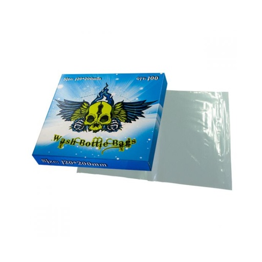 [p_wash_bootle_bags_sac_bouteille_bleu_tete_mort-TA126B] Sacs de Protection pour les Bouteilles et Pissettes de Tatouage 12x20cm x100